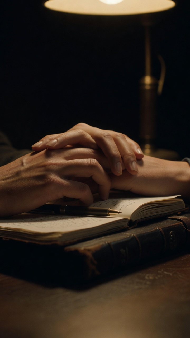 Couple's intertwined hands resting on dark leather journal with pen