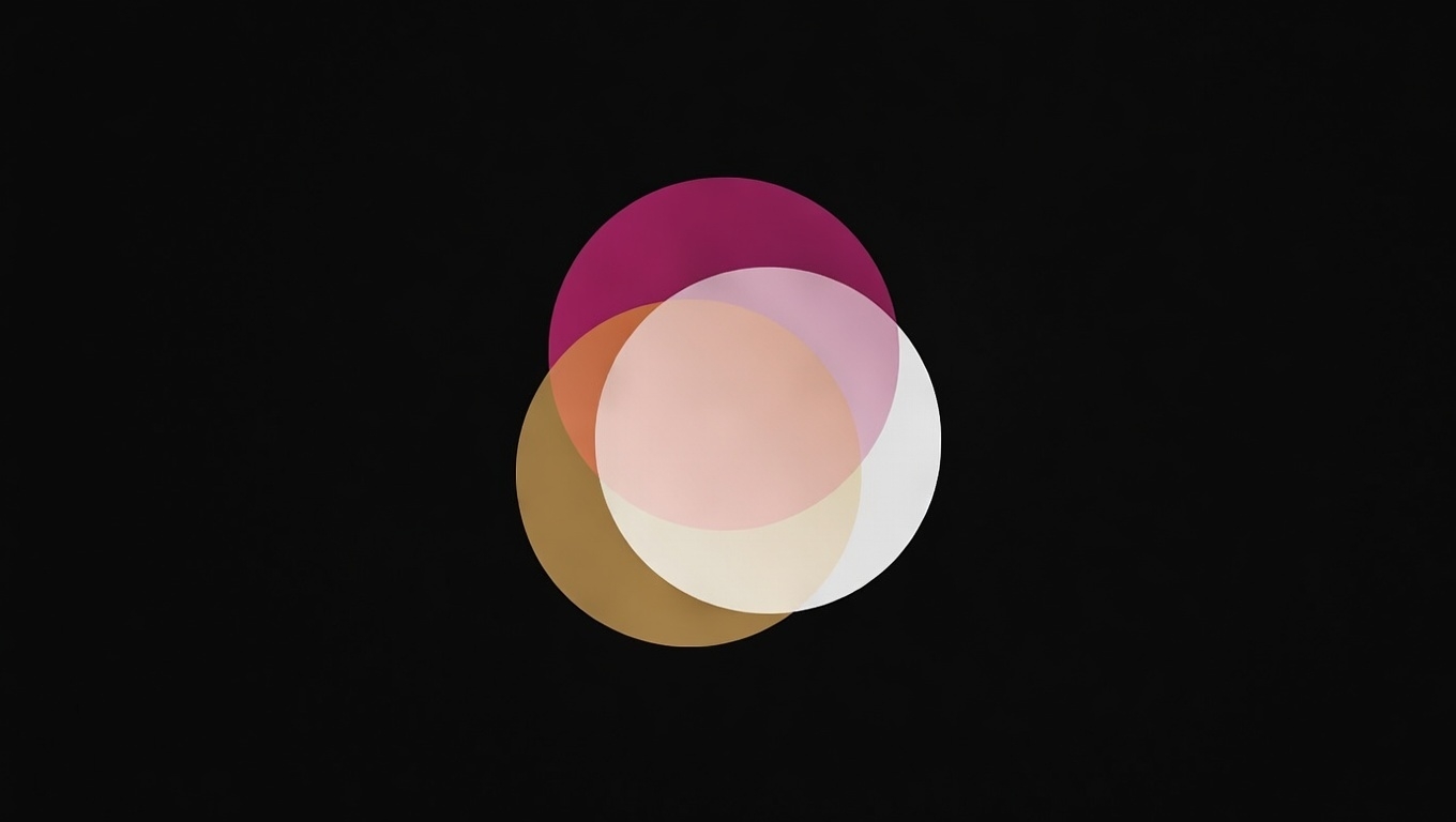 Three overlapping translucent circles in magenta, gold and white on dark background