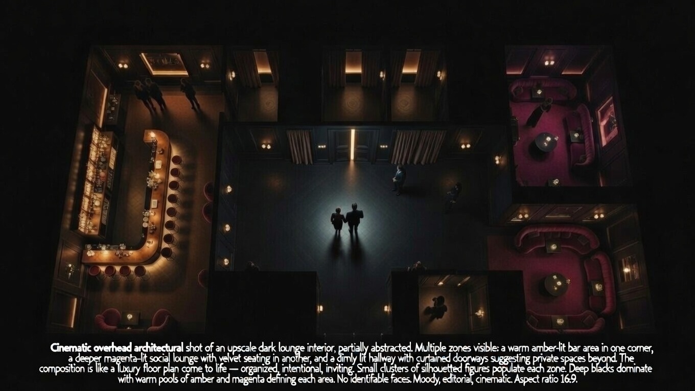 Overhead view of an upscale swinger club interior showing distinct bar, social lounge, and private zones with warm amber and magenta lighting