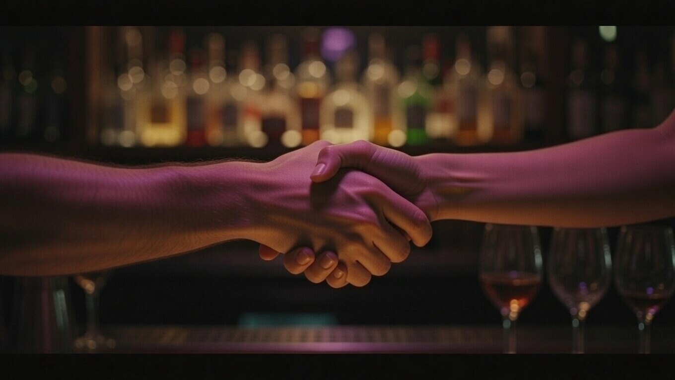 Close-up of a warm handshake between two swingers at a swinger club, symbolizing mutual respect and consensual connection