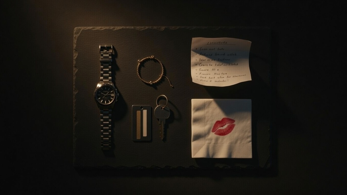 Flat-lay of swinger couple preparation items — watch, bracelet, key cards, and a handwritten checklist on a dark surface
