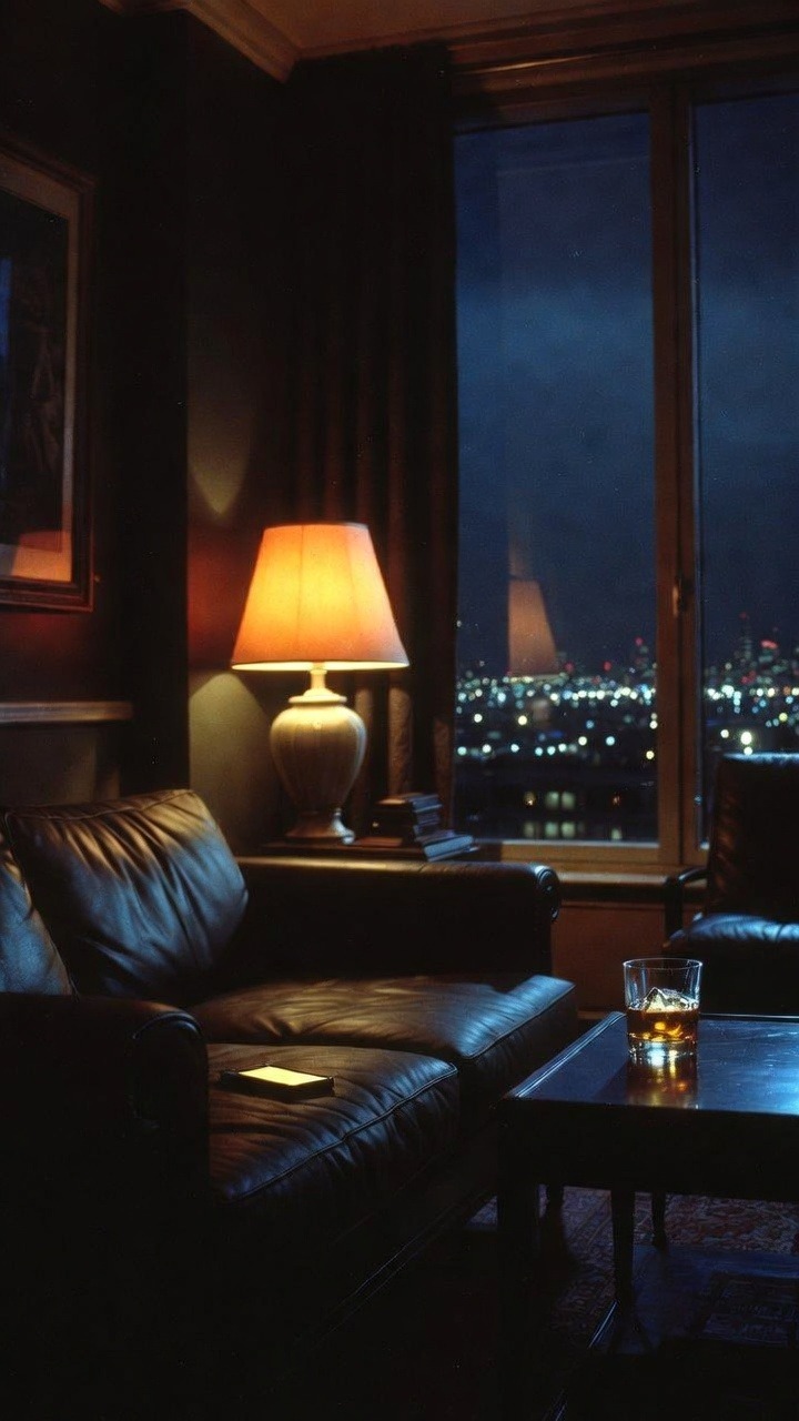 Dark Manhattan apartment at night — empty leather sofa, whiskey glass, phone face down, city lights below