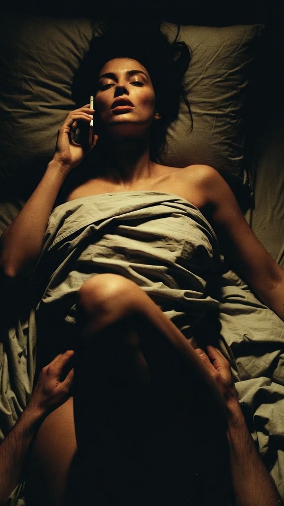 Elena lying on the bed, phone to her ear, eyes closed, compass rose tattoo visible, a man's hands at the edges of the frame
