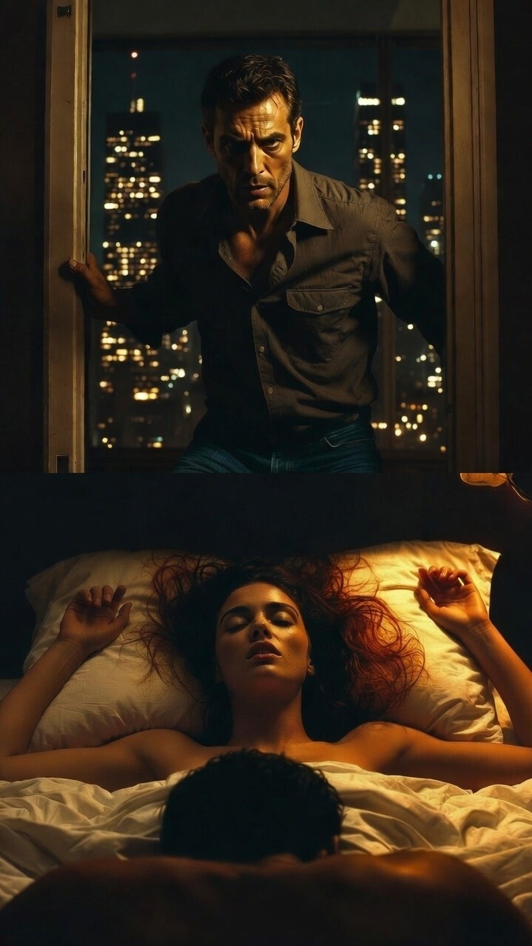 Marcus stands frozen in the bedroom doorway at night, jaw tight, eyes burning — Elena visible on the bed below, lost in pleasure, Daniel's silhouette emerging from the shadows between them