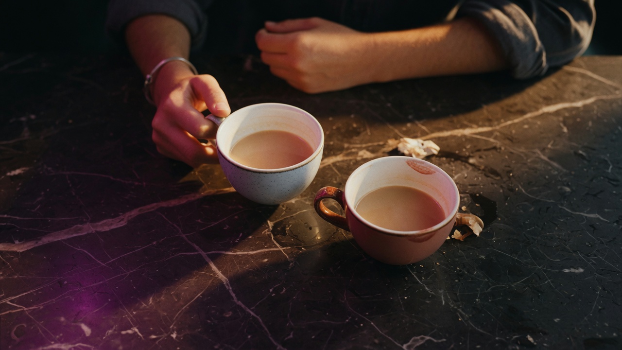 Two coffee cups on dark marble with two arms across the table, illustrating an open honest conversation between partners about jealousy