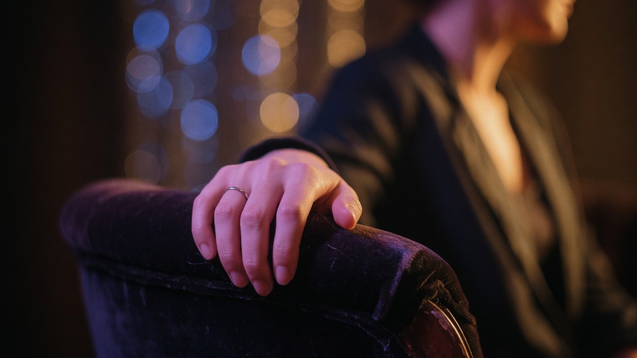 Woman with a wedding ring resting her hand on a velvet armchair in soft bokeh light, representing secure attachment and peace after working through jealousy