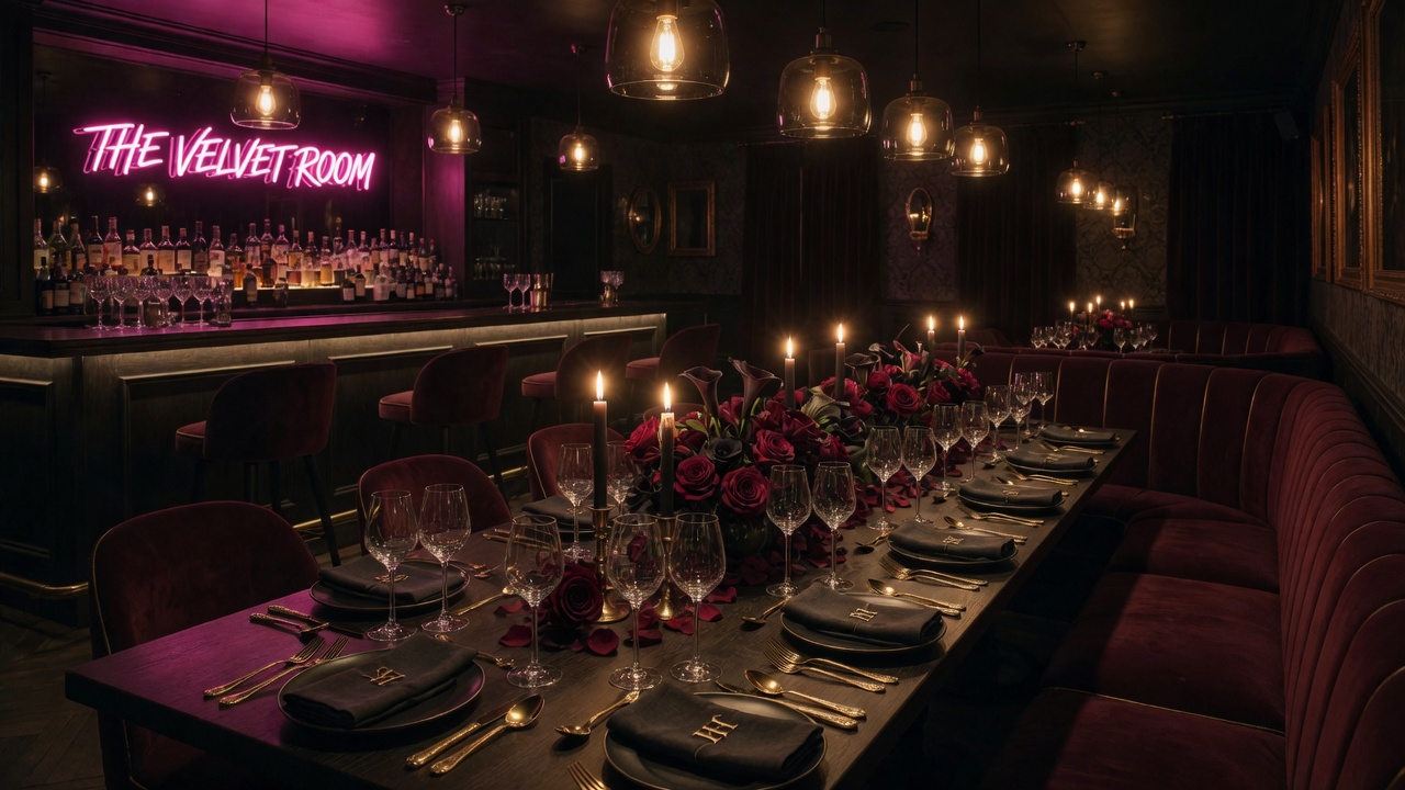 חדר VELVET ROOM אינטימי עם שולחן ערוך לסעודה, נרות, ורדים אדומים ותאורת ניאון - מועדון סווינגרס בוטיקי